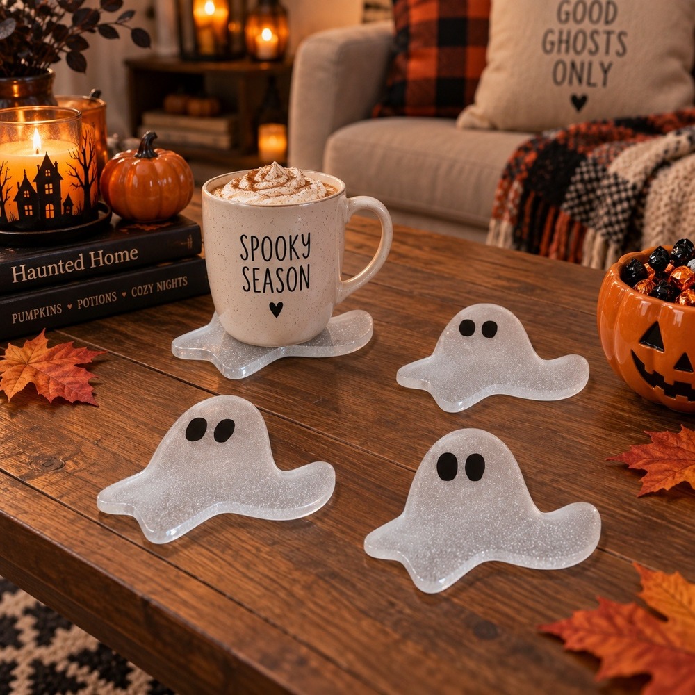 Set of 4 Glitter Ghost Coasters Halloween Spooky Season Home Decor